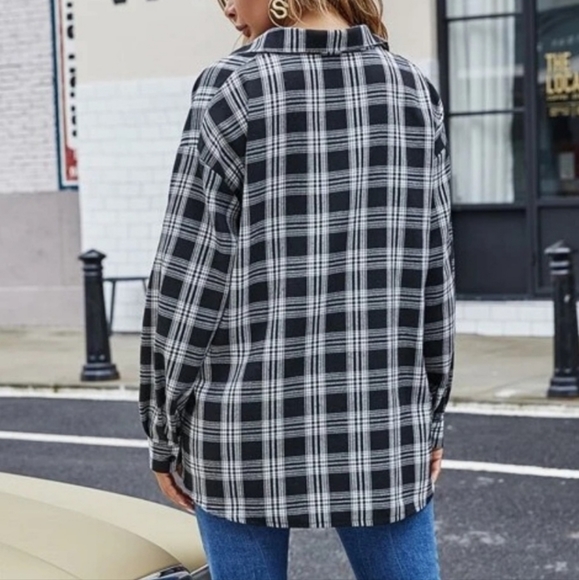 Shein Black and White Long Sleeve Plaid Button Down Flanel Shirt, Medium - Picture 3 of 6